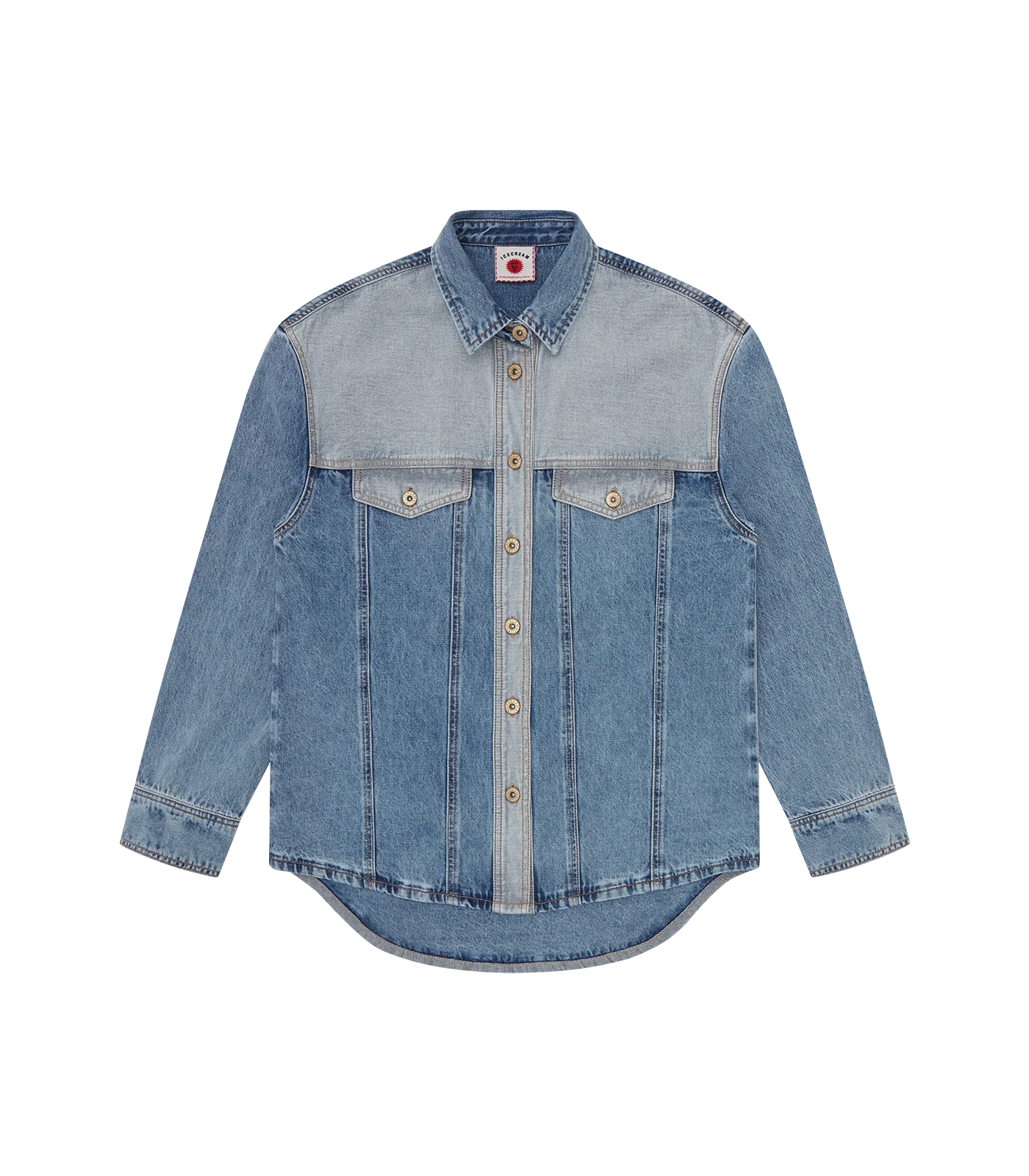 APPLIQUE RUNNING DOG DENIM SHIRT - LIGHT WASH BLUE