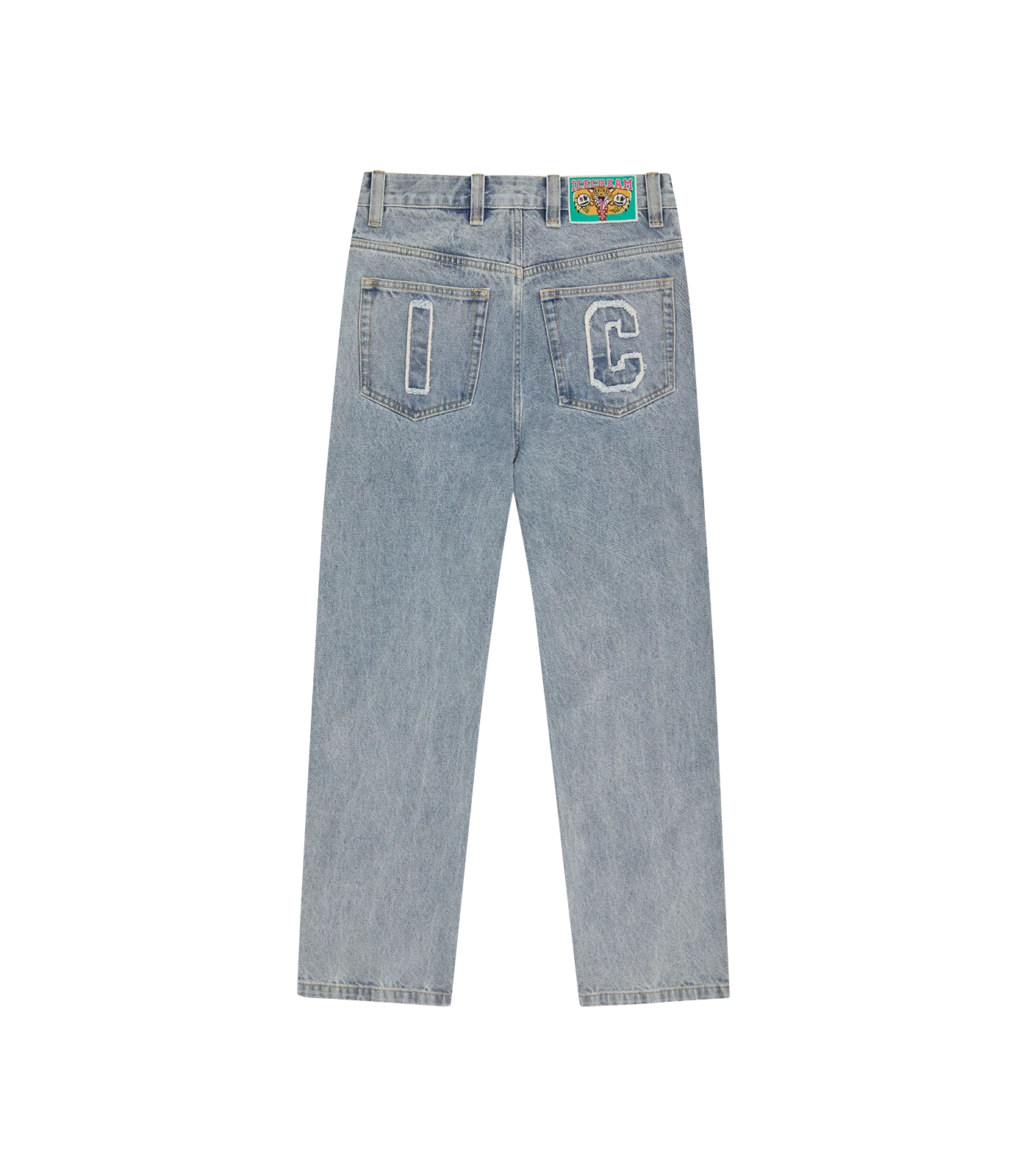APPLIQUE RUNNING DOG DOUBLE SCOOP DENIM PANTS - LIGHT WASH BLUE - Image 4