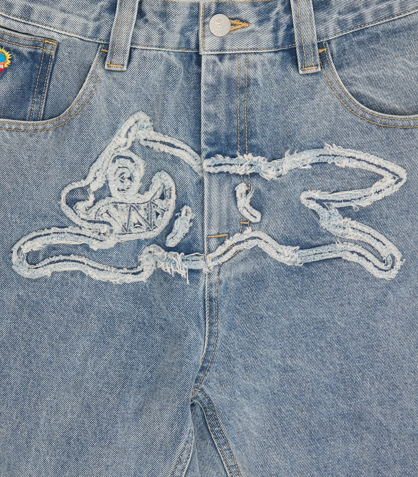 APPLIQUE RUNNING DOG DOUBLE SCOOP DENIM PANTS - LIGHT WASH BLUE - Image 6