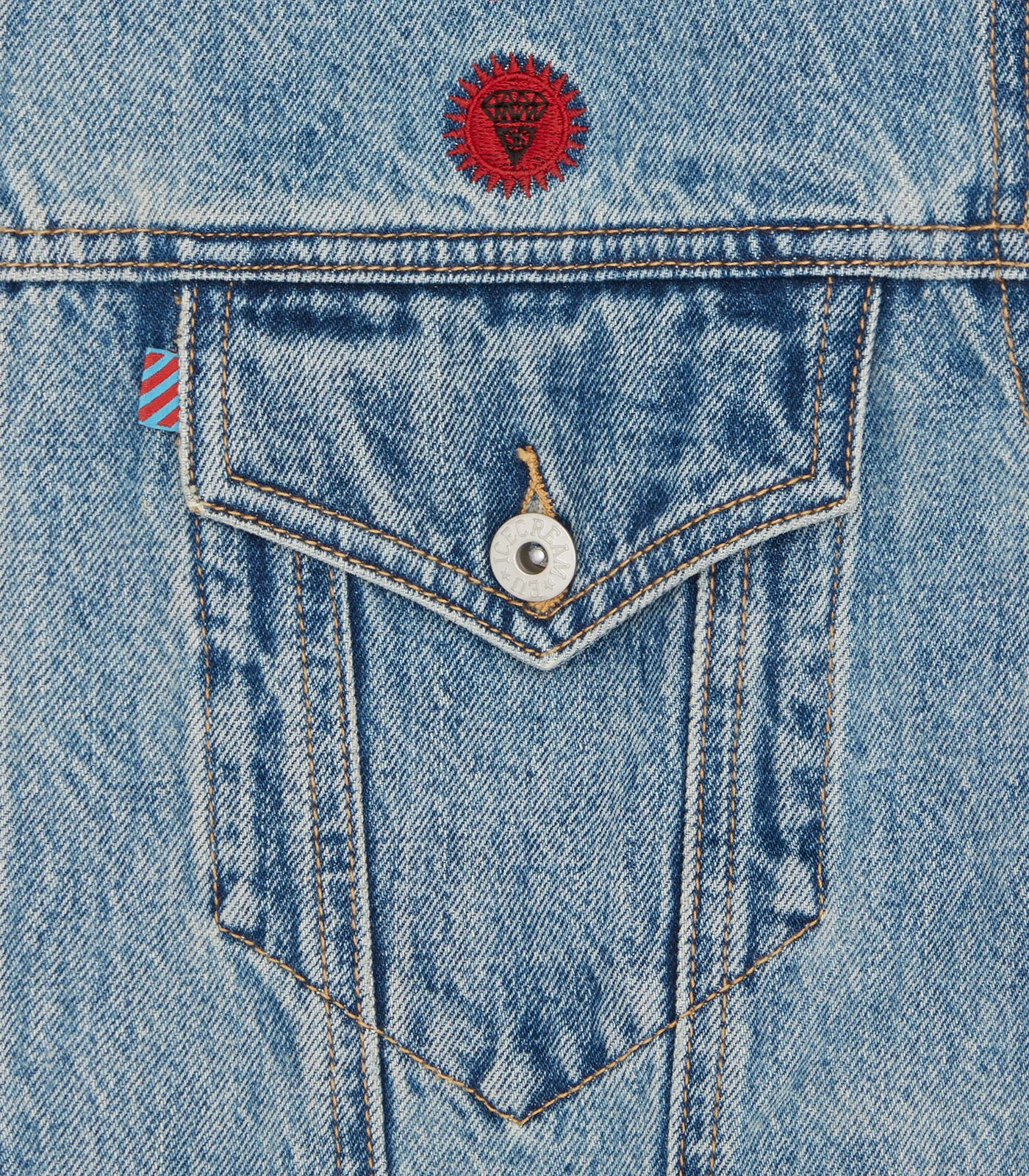 CHECK LINED DENIM TRUCKER JACKET - VINTAGE WASH BLUE - Image 3