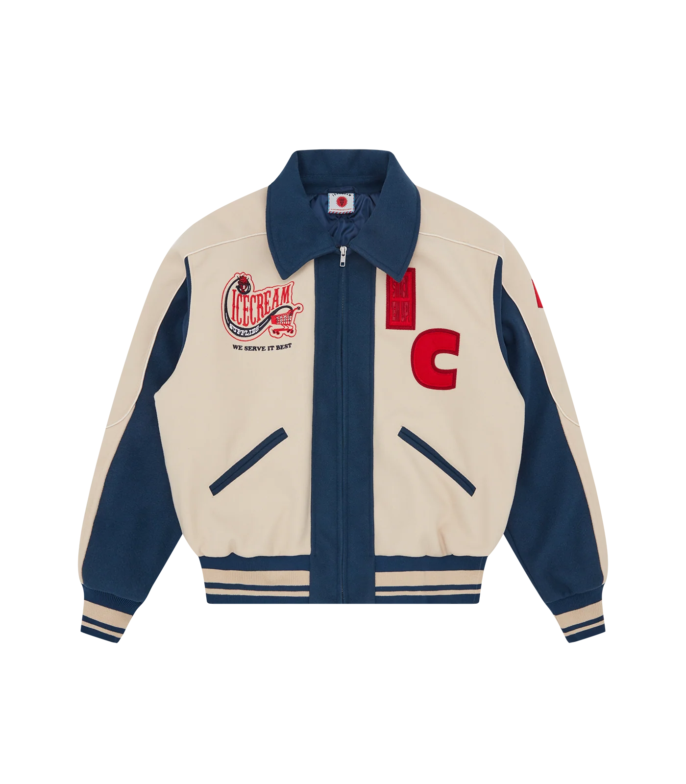 CHECKOUT VARSITY JACKET - ECRU/BLUE