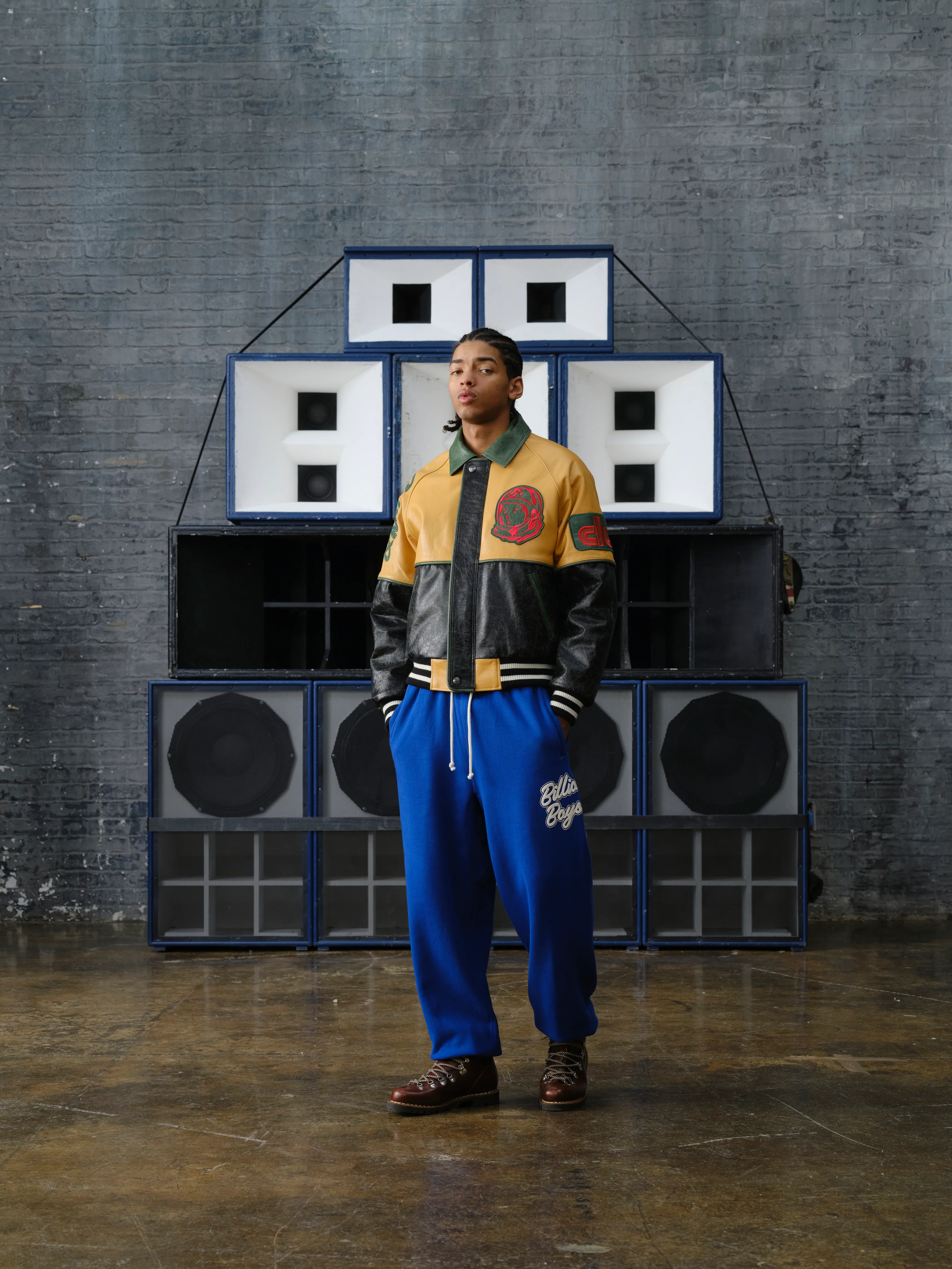 CLUB CRACKED LEATHER VARSITY JACKET - BLACK/YELLOW - Image 3
