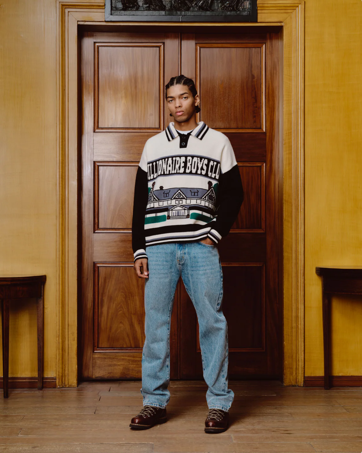 COUNTRY CLUB WOOL KNITTED COLLARED JUMPER - BLACK - Image 3