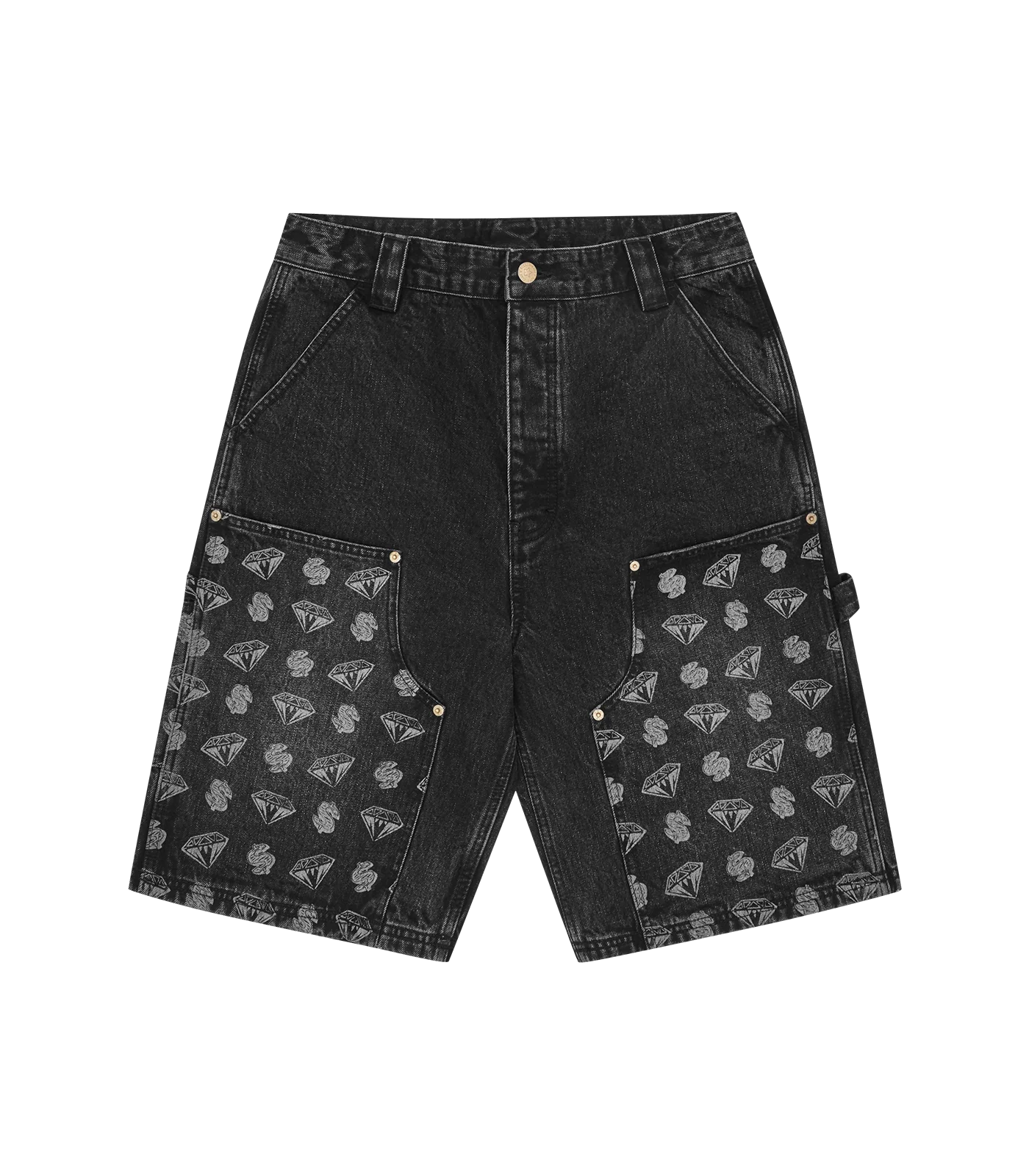DIAMONDS & DOLLARS DENIM CARPENTER SHORTS - BLACK