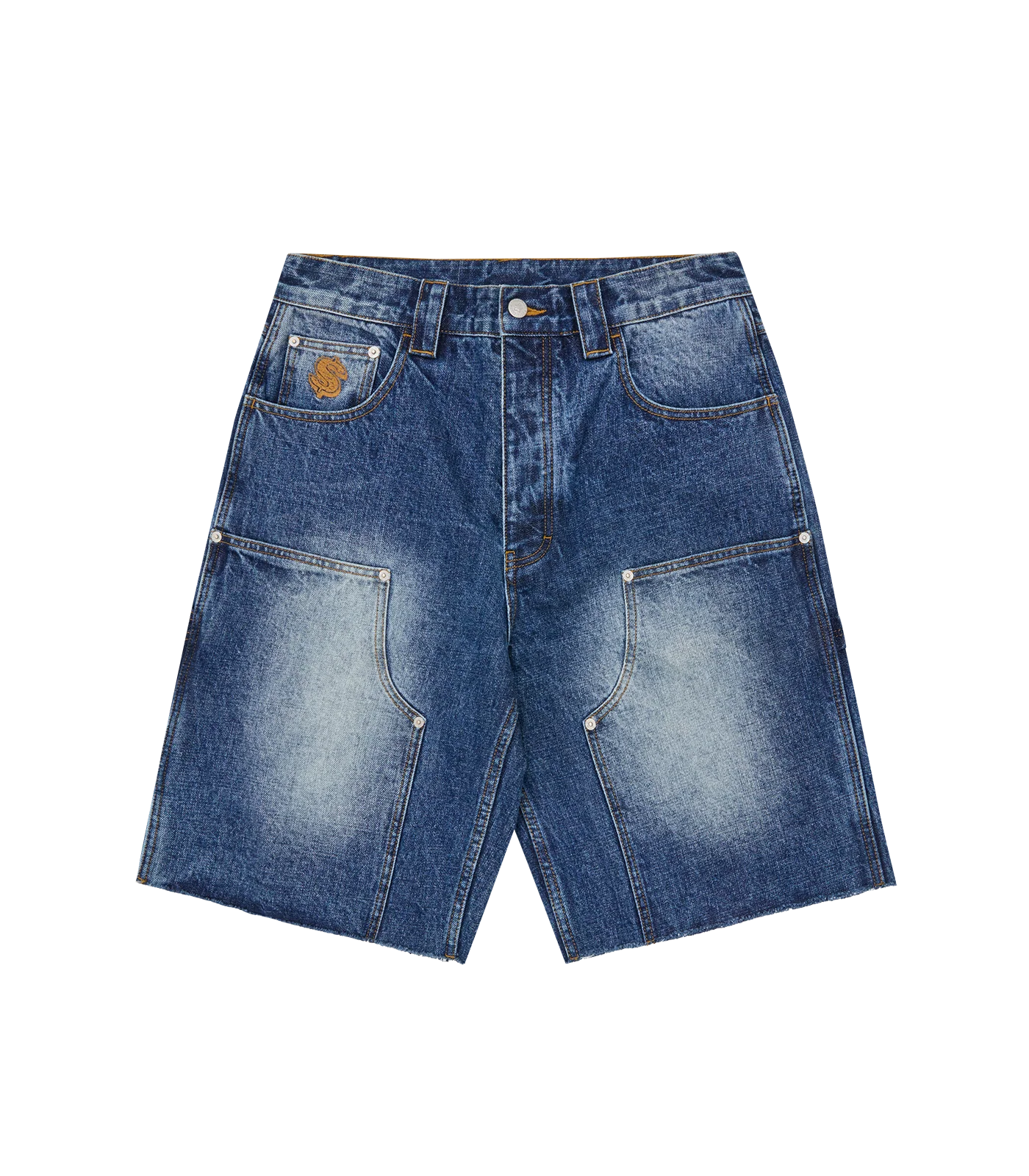 DISTRESSED ASTRO DENIM CARPENTER SHORTS - MID WASH BLUE