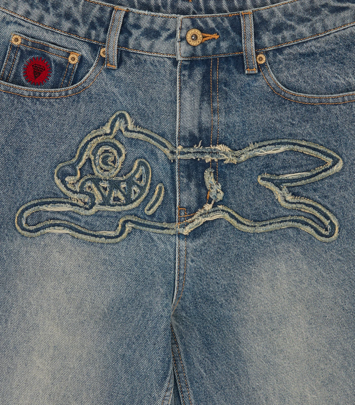 DISTRESSED APPLIQUE RUNNING DOG DENIM PANTS - VINTAGE WASH - Image 5
