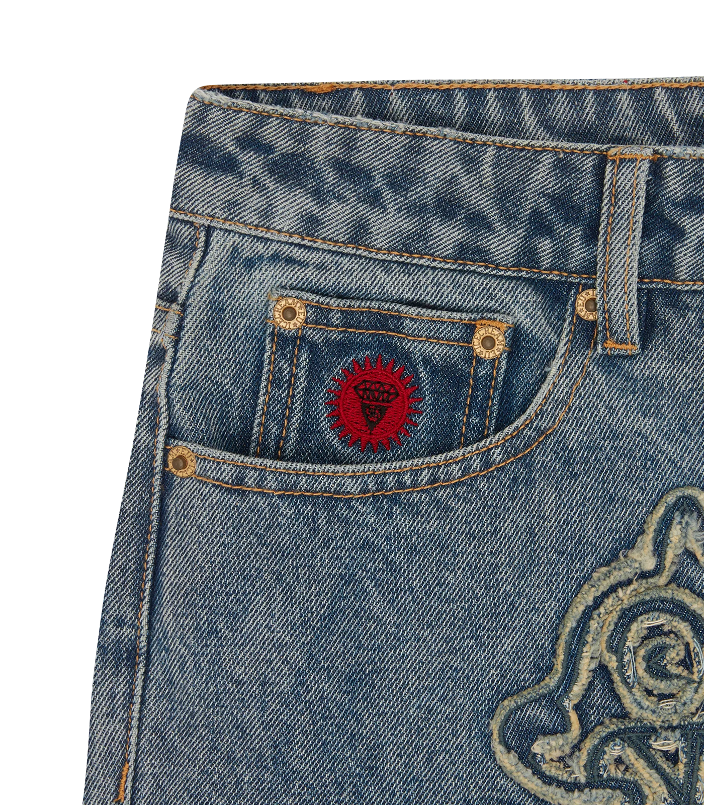 DISTRESSED APPLIQUE RUNNING DOG DENIM PANTS - VINTAGE WASH - Image 6