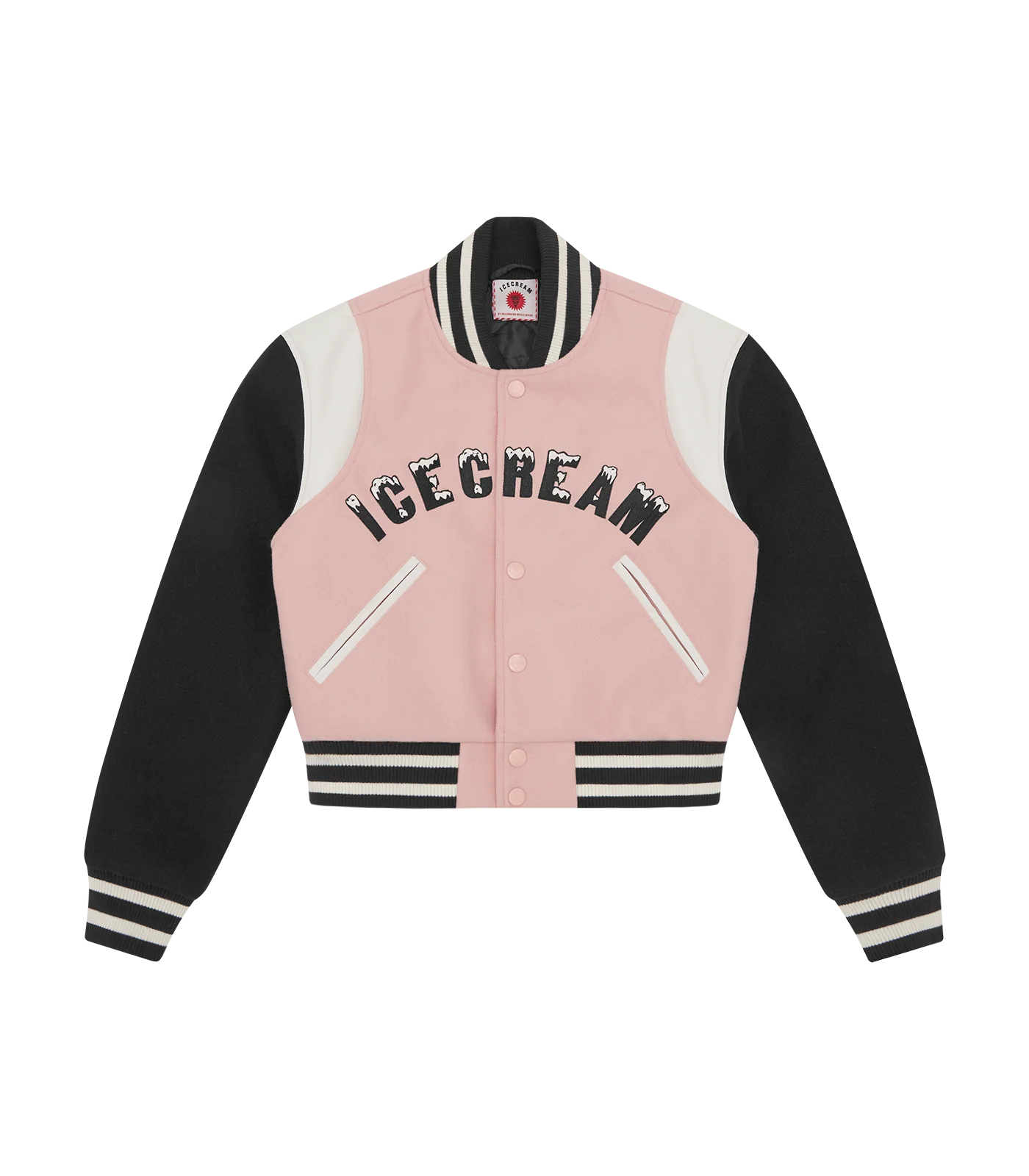 DRIPPY CROPPED VARSITY JACKET - PINK