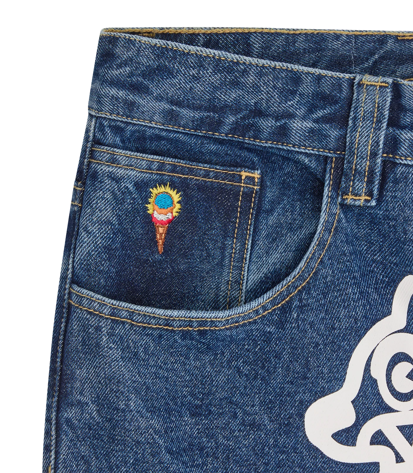 FADE OUT RUNNING DOG DOUBLE SCOOP DENIM PANTS - MID WASH BLUE - Image 5
