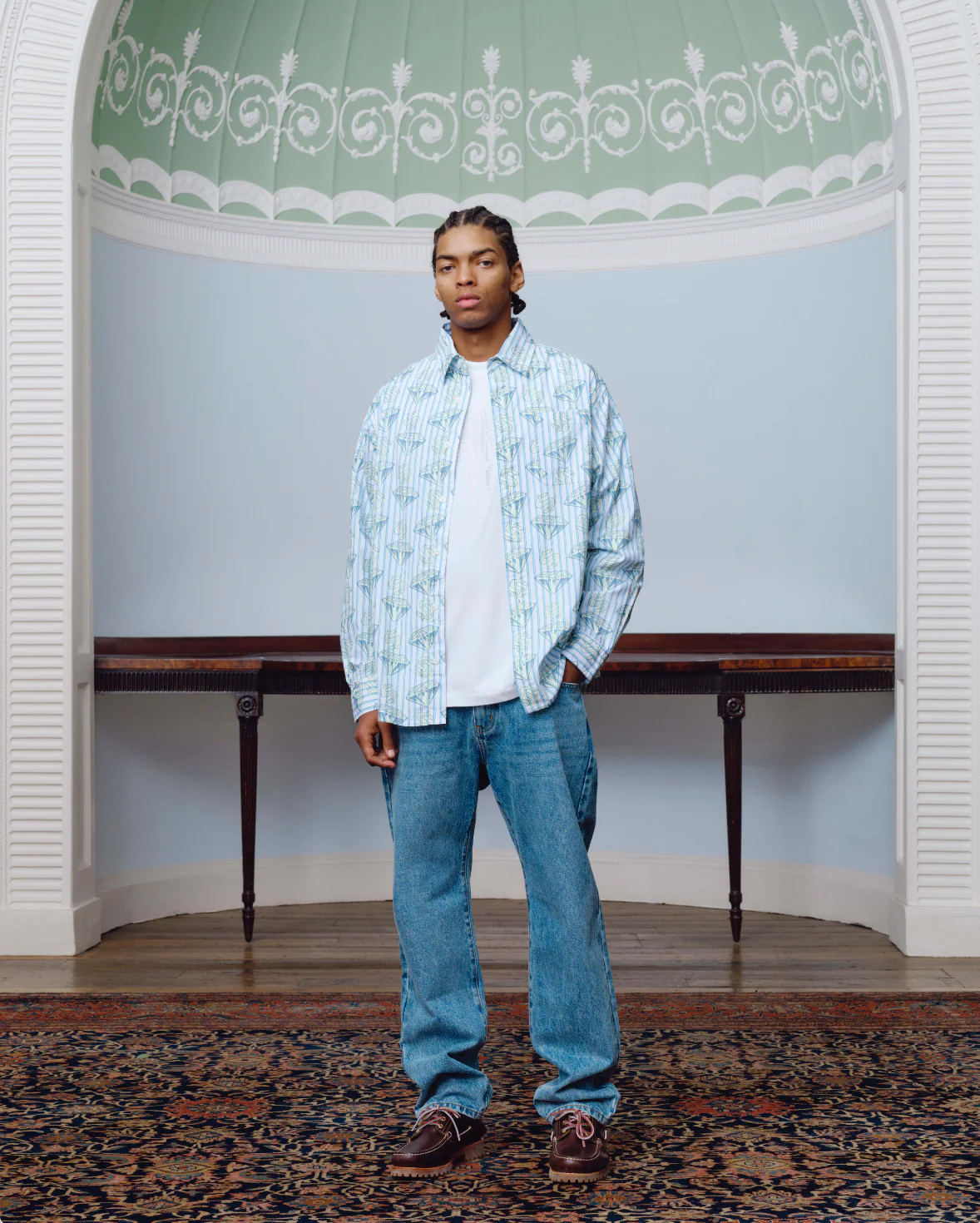 GLOW IN THE DARK DIAMONDS & DOLLARS STRIPED SHIRT - WHITE/BLUE STRIPE - Image 3
