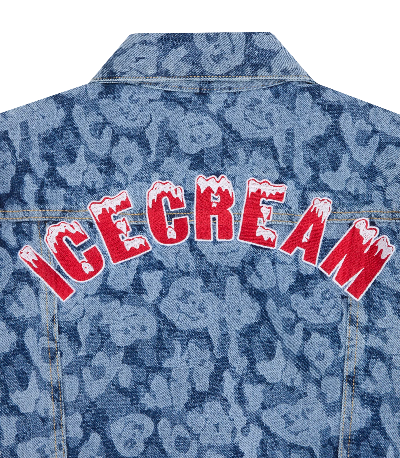 LASER CAMO DENIM TRUCKER JACKET - MID WASH BLUE - Image 4