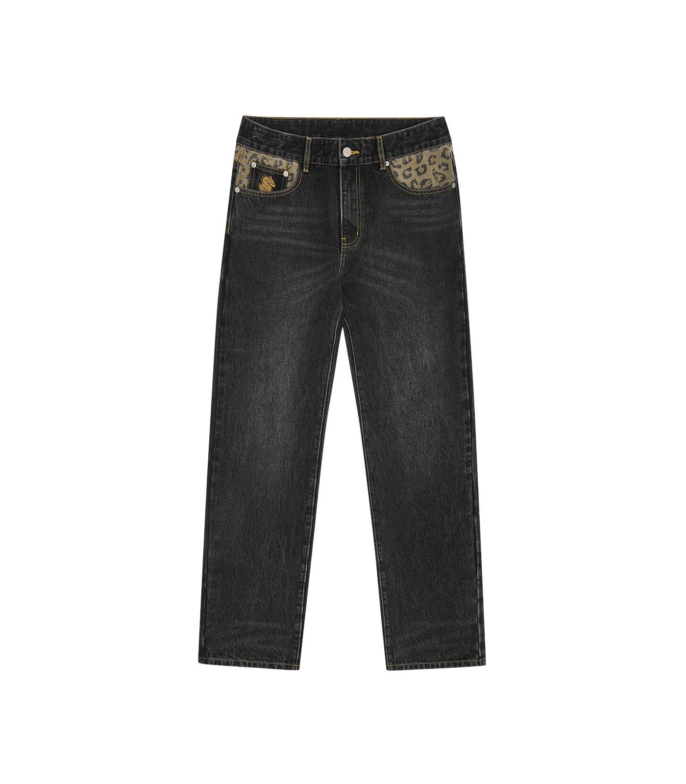 LEOPARD PRINT PANEL ASTRO DENIM PANTS - BLACK