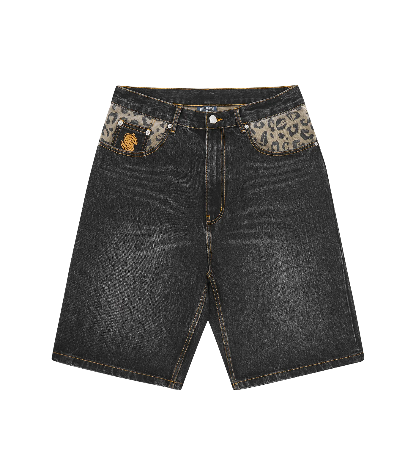 LEOPARD PRINT PANEL ASTRO DENIM SHORTS - BLACK