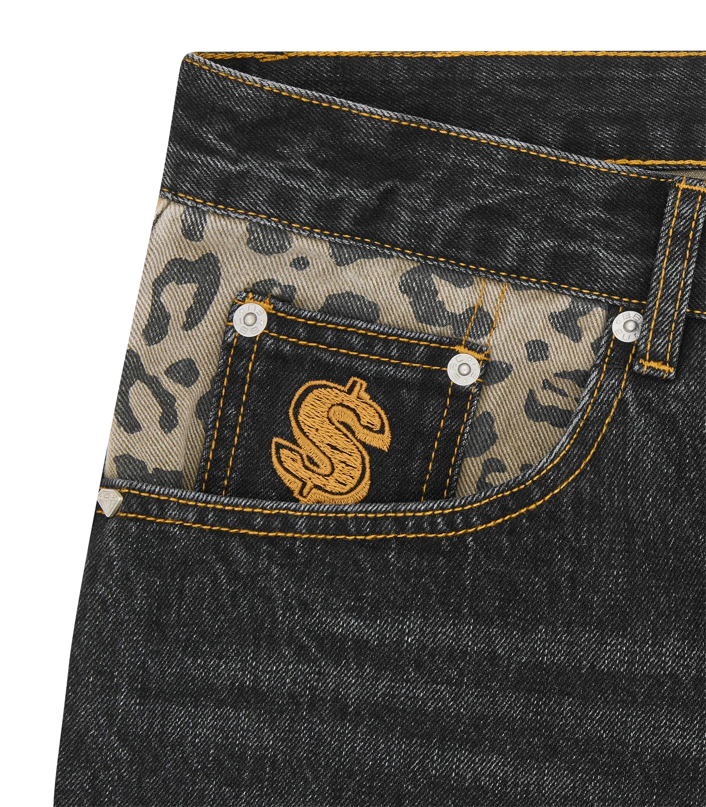 LEOPARD PRINT PANEL ASTRO DENIM SHORTS - BLACK - Image 3