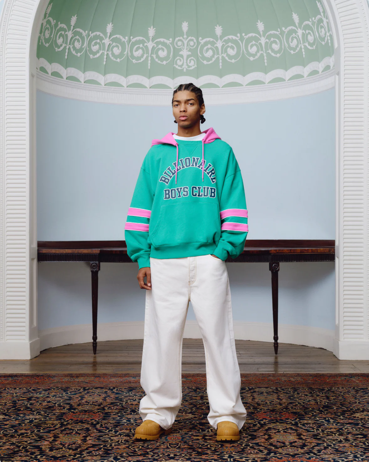 OVERSIZED COLLEGE POPOVER HOOD - GREEN/PINK - Image 3
