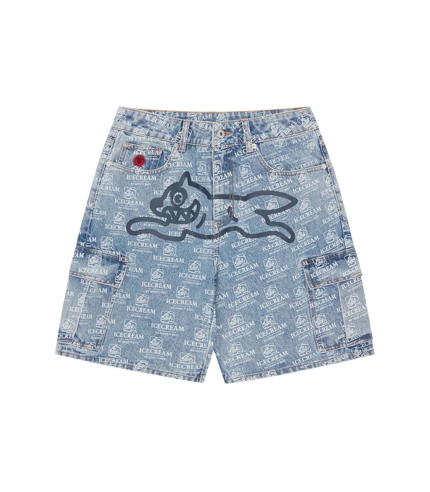 REPEAT PRINT DENIM CARGO SHORTS - HEAVY WASH BLUE