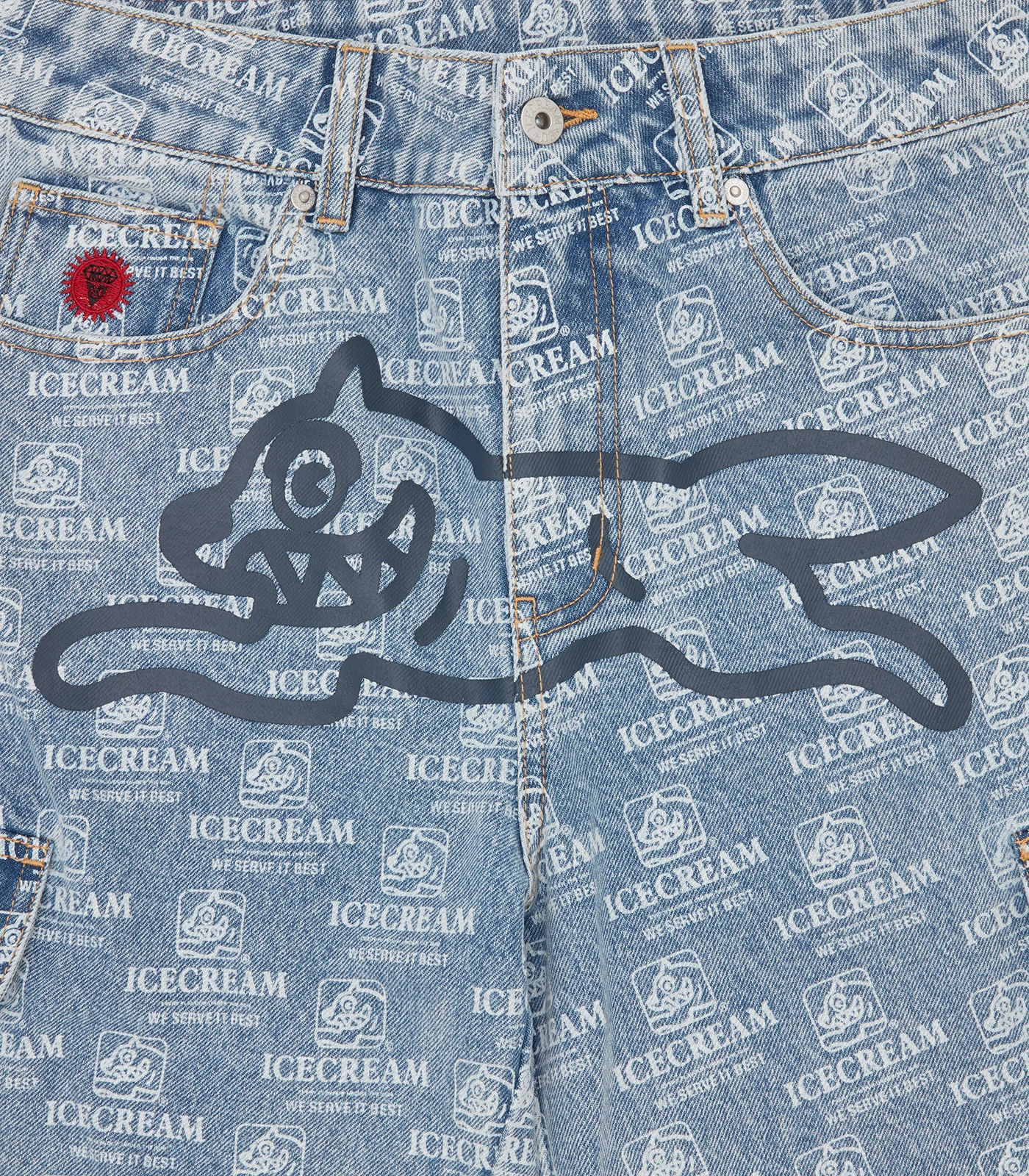REPEAT PRINT DENIM CARGO SHORTS - HEAVY WASH BLUE - Image 5