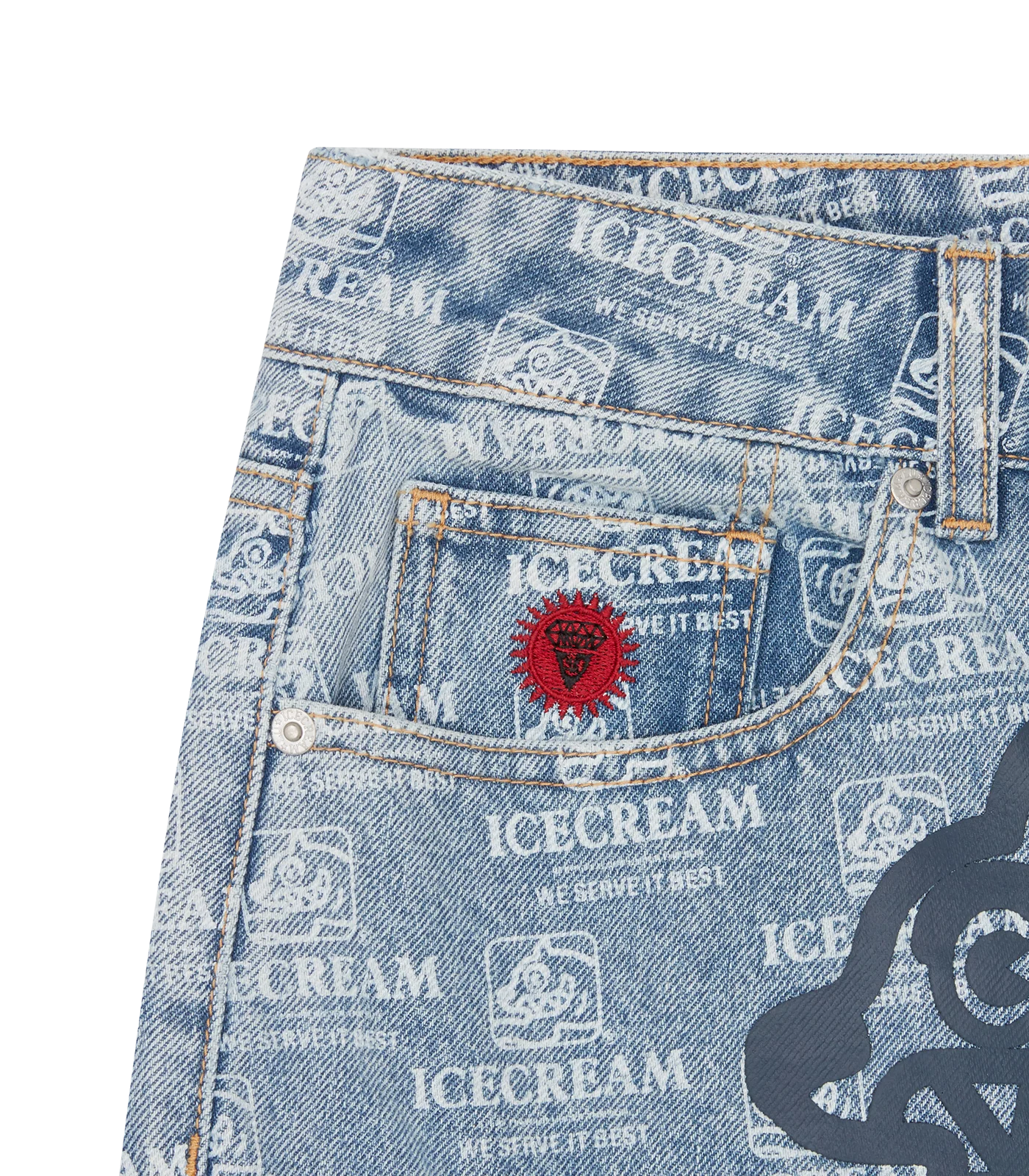 REPEAT PRINT DENIM CARGO SHORTS - HEAVY WASH BLUE - Image 6