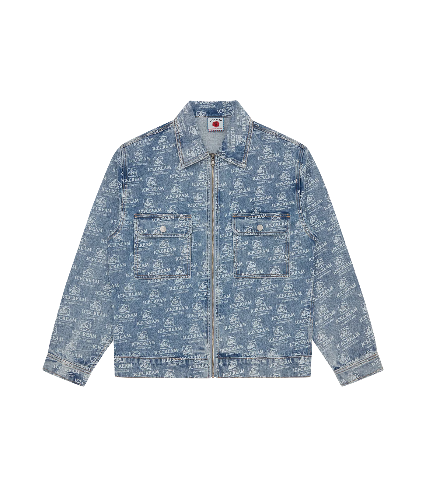 REPEAT PRINT DENIM TRUCKER JACKET - HEAVY WASH BLUE
