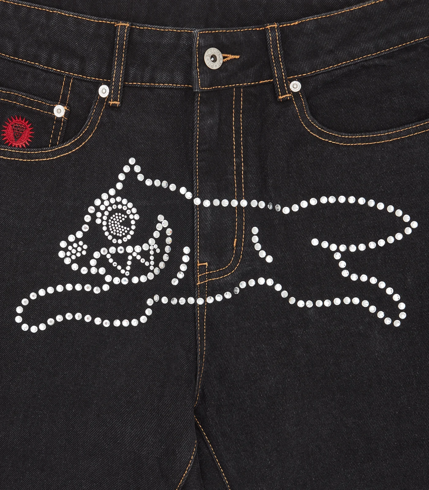 RHINESTONE RUNNING DOG DENIM PANTS - BLACK - Image 3