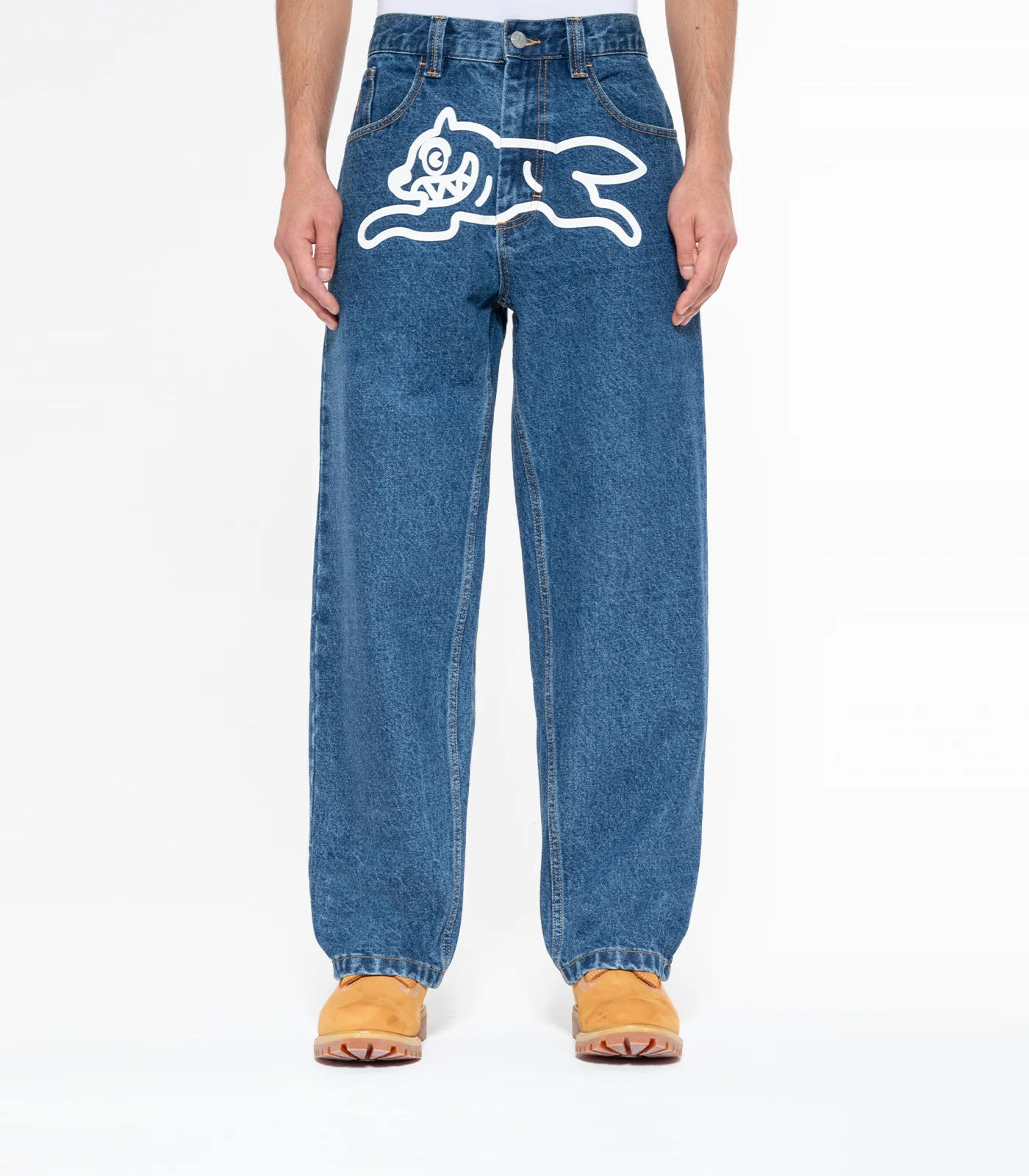 RUNNING DOG DOUBLE SCOOP DENIM PANTS - MID WASH BLUE - Image 3