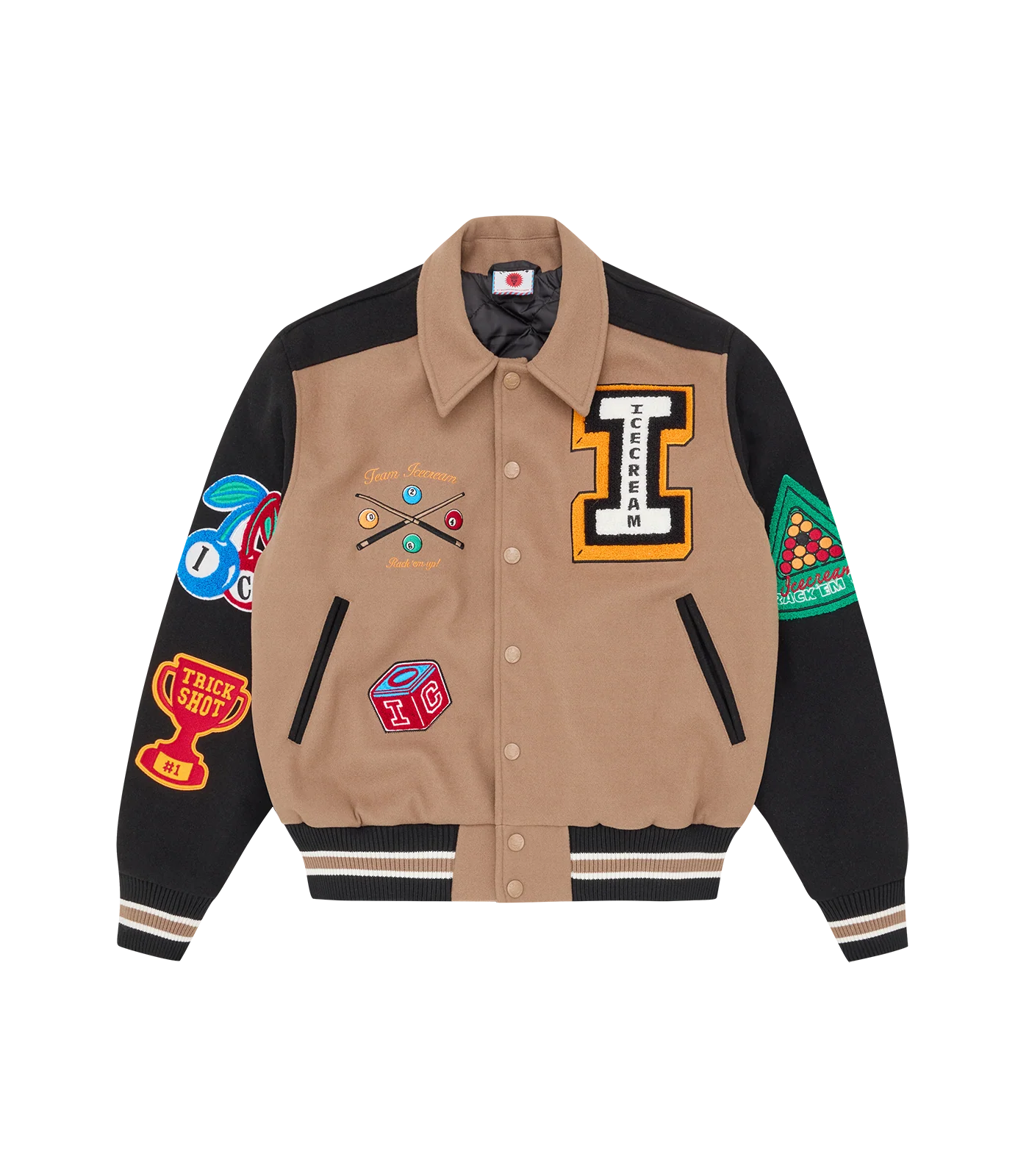 TRICK SHOT COLLARED VARSITY JACKET - TAUPE