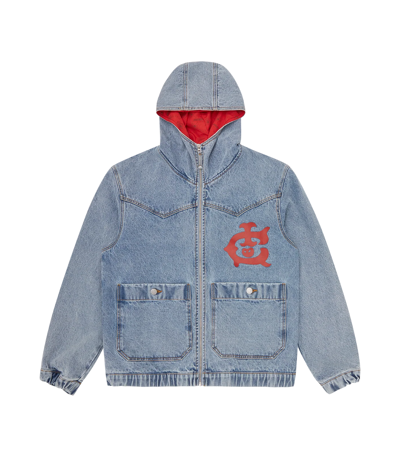 WESTERN HOODED ZIP THROUGH DENIM JACKET - LIGHT WASH BLUE